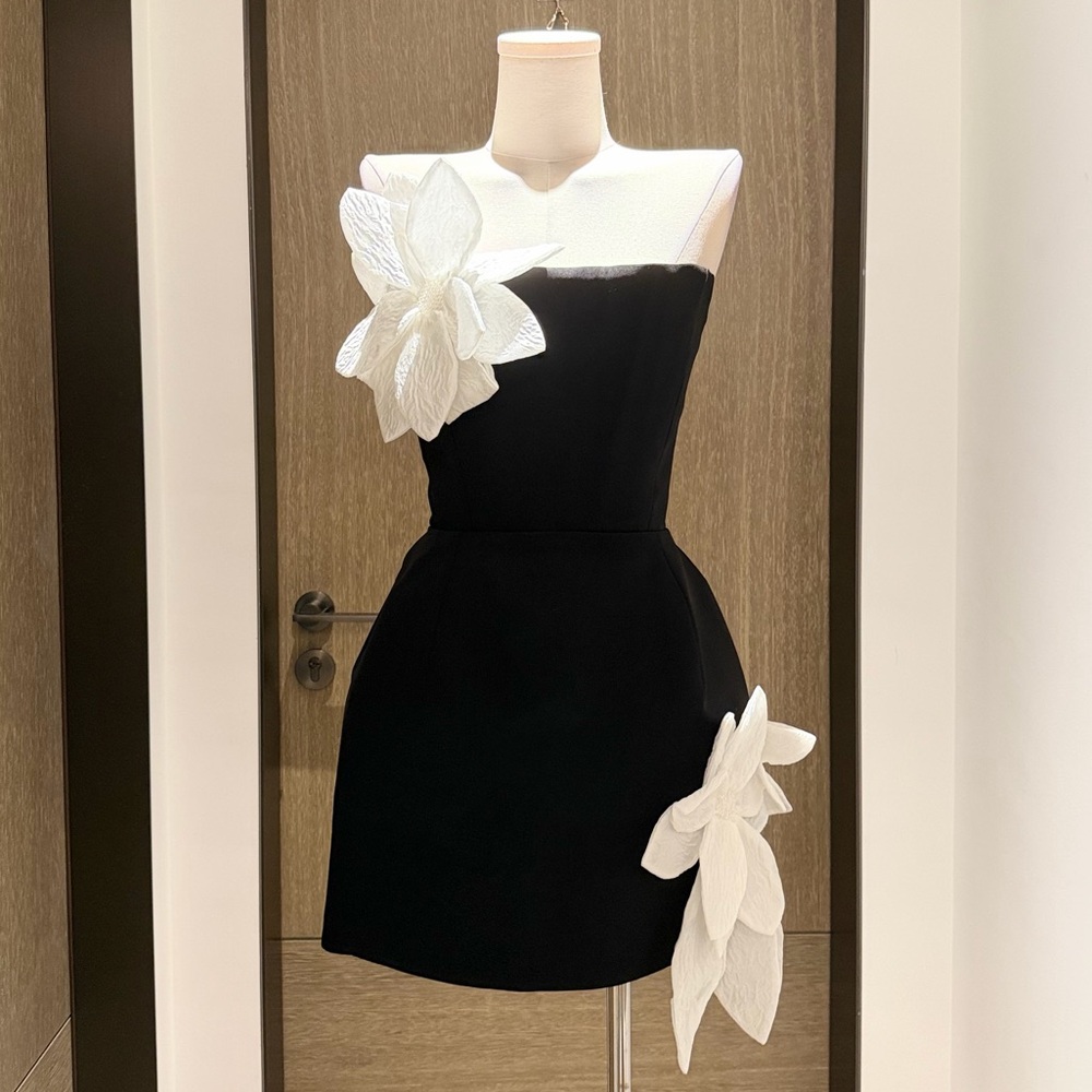 Bronx and Banco Black Strapless Mini Dress with White Floral Appliqués - Picture 3 of 16